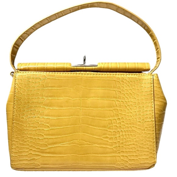 Top Handle Yellow Faux Crocodile Embossed Handbag Turn Lock Closure Like New - Picture 3 of 14